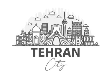 Tahran, İran mimarisi. Gölgelerle ufuk çizgisi çizimi. Ünlü şehir işaretleri, şehir görüşleri, tasarım simgeleri ile doğrusal vektör şehri.