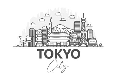 Tokyo, Japonya mimarisi gölgeli ufuk çizgisi çizimi. Ünlü şehir işaretleri, şehir görüşleri, tasarım simgeleri ile doğrusal vektör şehri.