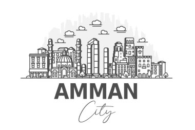 Amman, Ürdün mimarisi, gölgeli ufuk çizgisi çizimi. Ünlü şehir işaretleri, şehir görüşleri, tasarım simgeleri ile doğrusal vektör şehri.