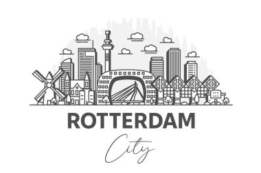 Rotterdam, Hollanda mimarisi. Gölgeli ufuk çizgisi çizimi. Ünlü şehir işaretleri, şehir görüşleri, tasarım simgeleri ile doğrusal vektör şehri.