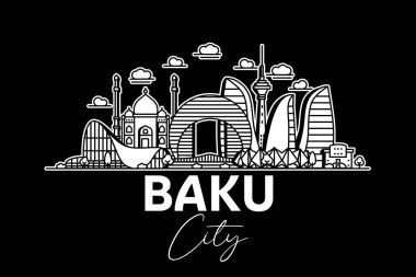 Bakü, Azerbaycan mimarisi, gölgeli ufuk çizgisi çizimi. Ünlü şehir işaretleri, şehir görüşleri, tasarım simgeleri ile doğrusal vektör şehri.