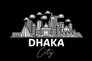 Dhaka, Bangladeş mimarisi, gölgeli ufuk çizgisi çizimi. Ünlü şehir işaretleri, şehir görüşleri, tasarım simgeleri ile doğrusal vektör şehri.