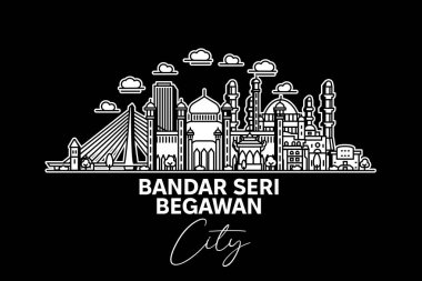 Bandar Seri Begawan, Brunei mimari çizgisi, gölgeli siluet çizimi. Ünlü şehir işaretleri, şehir görüşleri, tasarım simgeleri ile doğrusal vektör şehri.