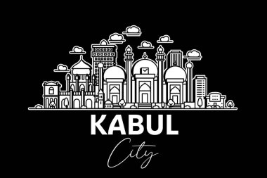 Kabil, Afganistan mimarisi. Gölgelerle ufuk çizgisi çizimi. Ünlü şehir işaretleri, şehir görüşleri, tasarım simgeleri ile doğrusal vektör şehri.