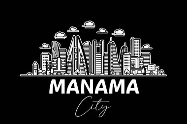 Manama, Bahreyn mimarisi gölgeli ufuk çizgisi çizimi. Ünlü şehir işaretleri, şehir görüşleri, tasarım simgeleri ile doğrusal vektör şehri.