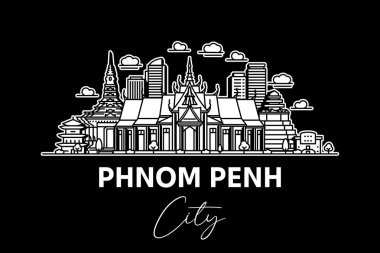 Phnom Penh, Kamboçya mimarisi. Gölgeli ufuk çizgisi çizimi. Ünlü şehir işaretleri, şehir görüşleri, tasarım simgeleri ile doğrusal vektör şehri.