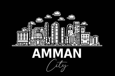 Amman, Ürdün mimarisi, gölgeli ufuk çizgisi çizimi. Ünlü şehir işaretleri, şehir görüşleri, tasarım simgeleri ile doğrusal vektör şehri.