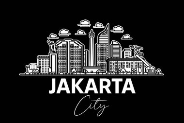 Jakarta, Endonezya mimarisi. Gölgeli ufuk çizgisi çizimi. Ünlü şehir işaretleri, şehir görüşleri, tasarım simgeleri ile doğrusal vektör şehri.