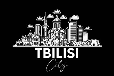 Tiflis, Gürcistan mimarisi. Gölgeli ufuk çizgisi çizimi. Ünlü şehir işaretleri, şehir görüşleri, tasarım simgeleri ile doğrusal vektör şehri.