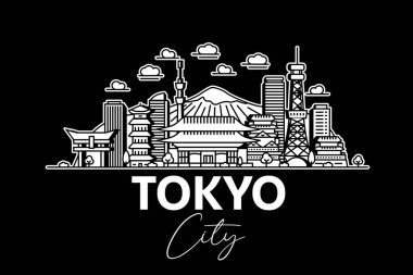 Tokyo, Japonya mimarisi gölgeli ufuk çizgisi çizimi. Ünlü şehir işaretleri, şehir görüşleri, tasarım simgeleri ile doğrusal vektör şehri.
