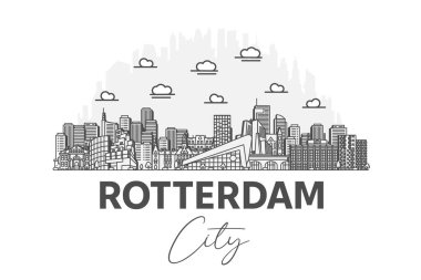 Rotterdam, Hollanda mimarisi. Gölgeli ufuk çizgisi çizimi. Ünlü şehir işaretleri, şehir görüşleri, tasarım simgeleri ile doğrusal vektör şehri.