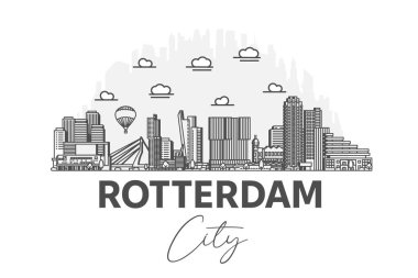 Rotterdam, Hollanda mimarisi. Gölgeli ufuk çizgisi çizimi. Ünlü şehir işaretleri, şehir görüşleri, tasarım simgeleri ile doğrusal vektör şehri.