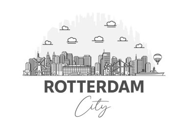 Rotterdam, Hollanda mimarisi. Gölgeli ufuk çizgisi çizimi. Ünlü şehir işaretleri, şehir görüşleri, tasarım simgeleri ile doğrusal vektör şehri.