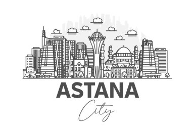 Astana, Kazakistan mimarisi gölgeli ufuk çizgisi çizimi. Ünlü şehir işaretleri, şehir görüşleri, tasarım simgeleri ile doğrusal vektör şehri.