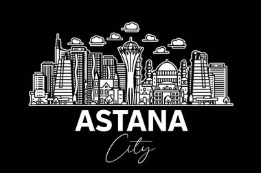 Astana, Kazakistan mimarisi gölgeli ufuk çizgisi çizimi. Ünlü şehir işaretleri, şehir görüşleri, tasarım simgeleri ile doğrusal vektör şehri.