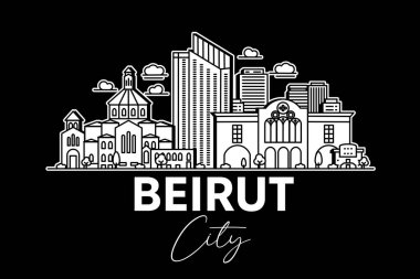 Beyrut, Lübnan mimarisi gölgeli ufuk çizgisi çizimi. Ünlü şehir işaretleri, şehir görüşleri, tasarım simgeleri ile doğrusal vektör şehri.