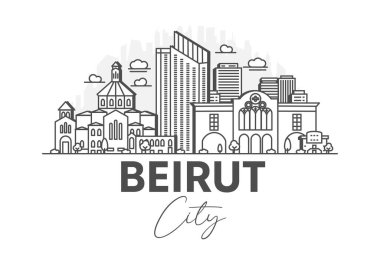 Beyrut, Lübnan mimarisi gölgeli ufuk çizgisi çizimi. Ünlü şehir işaretleri, şehir görüşleri, tasarım simgeleri ile doğrusal vektör şehri.