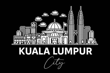 Kuala Lumpur, Malezya mimarisi. Gölgelerle ufuk çizgisi çizimi. Ünlü şehir işaretleri, şehir görüşleri, tasarım simgeleri ile doğrusal vektör şehri.