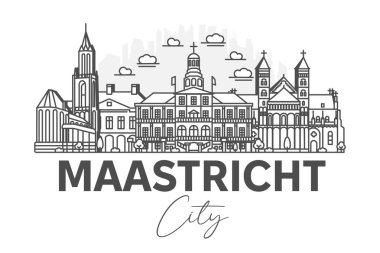 Maastricht, Hollanda mimari çizgisi, gölgeli ufuk çizgisi çizimi. Ünlü şehir işaretleri, şehir görüşleri, tasarım simgeleri ile doğrusal vektör şehri.