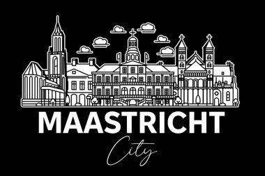 Maastricht, Hollanda mimari çizgisi, gölgeli ufuk çizgisi çizimi. Ünlü şehir işaretleri, şehir görüşleri, tasarım simgeleri ile doğrusal vektör şehri.