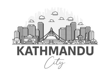 Katmandu, Nepal mimarisi. Gölgeli ufuk çizgisi çizimi. Ünlü şehir işaretleri, şehir görüşleri, tasarım simgeleri ile doğrusal vektör şehri.
