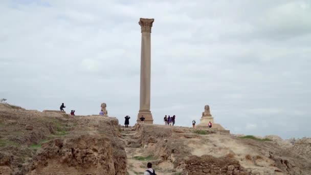 Alexandria Egyiptom 2022 December Néhány Turista Képeket Készít Pompeius Oszlopa — Stock videók