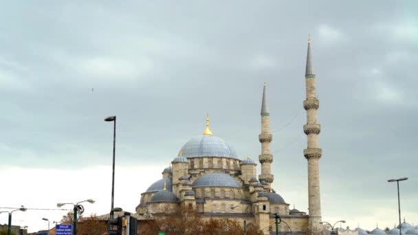 トルコのイスタンブール 2022年12月 Yeni Camiモスクのドームとミナレットの完全なビュー 鳥の中には — ストック動画