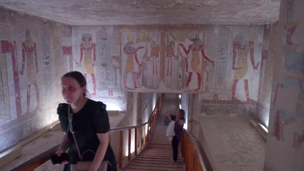 룩소르 이집트 2022 여인은 사진을 찍으면서 람세스 문자가 감탄한다 골짜기는 — 비디오