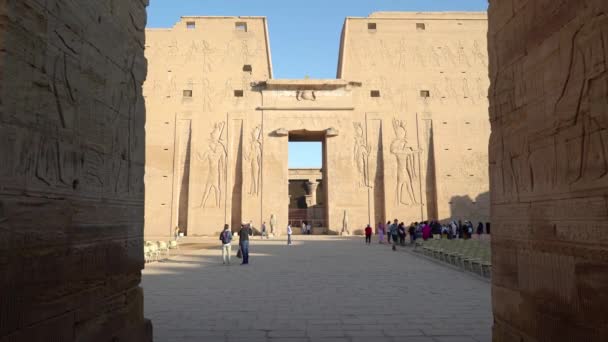 Edfu Egypt 2022年12月 从全景看伊德福寺的入口 这座庙宇是献给猎鹰神荷鲁斯的在庙宇的墙壁上有不同的雕刻浮雕 — 图库视频影像