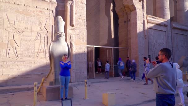 Edfu 2022年12月 一对夫妇在艾德福神殿的荷鲁斯雕像前拍照 这座庙宇献给猎鹰神荷鲁斯 — 图库视频影像