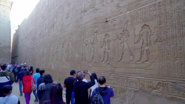 에드푸 이집트 2022 관광객들은 의벽을 동경하며 사진을 찍는다 벽들은 조각된 — 비디오