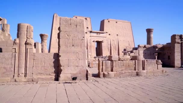 Edfu Egypt 卡车的权利 伊德福寺全景 这座庙宇献给猎鹰神荷鲁斯 庙宇的墙壁上有不同的雕刻浮雕 — 图库视频影像