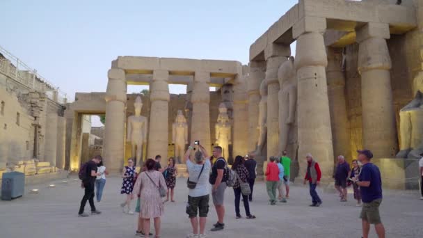 エジプトのルクソール 2022年12月 観光客が歩いて 賞賛し ルクソール神殿の写真を撮る 象形文字で彫刻された彫像や壁でいっぱいの場所 — ストック動画