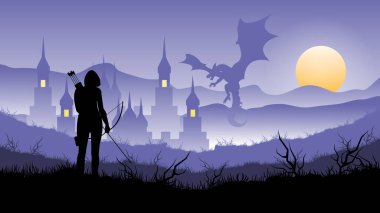 Archer Silhouette ve Kale Dağ Ejderhası tarafından saldırıya uğradı. Ortaçağ Fantezi Manzarası Duvar Kağıdı.