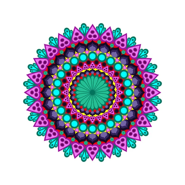 Renkli süslemeleri ve kalp şekilleriyle Etnik Mandala. Vektör el çizimi. Parlak renkler. İzole edilmiş.