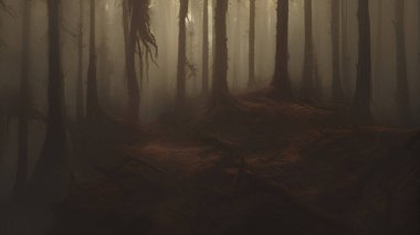 Kuru Yapraklar Yığını ve Çam Ağacı Kökleri Sisli Ormanda.