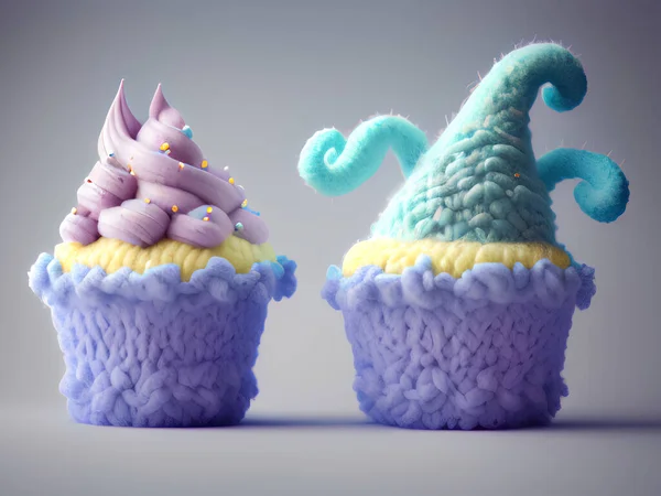 Feliz Aniversário Cupcakes Com Cones Woolen Thread — Fotografia de Stock
