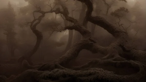 Old Tree Roots Заполнены Коричневыми Туманами Туманном Лесу — стоковое фото