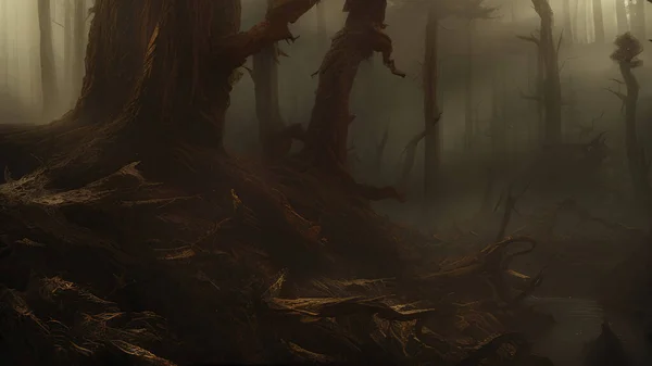 Острые Корни Старого Дерева Туманном Лесу — стоковое фото