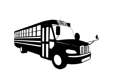 Three-quarter View School Bus Silhouette. View towards the front corner of the bus.