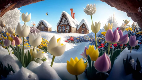 Houses in a Medieval Fantasy Village with Foreground Spring Flowers on Snow.