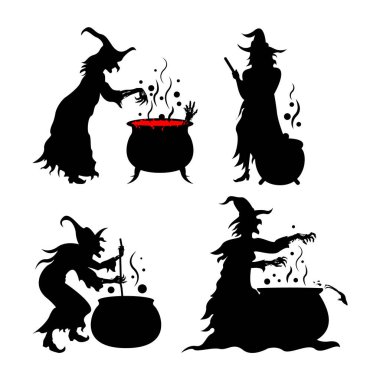 Cadılar Bayramı Cadılarının Siluetleri Kazan Kullanarak Yemek Yapıyor.