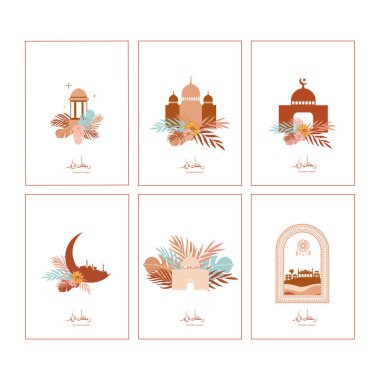 Tebrik kartı, boho element camisi, hilal, bitkiler. Ramazan Kareem illüstrasyonu