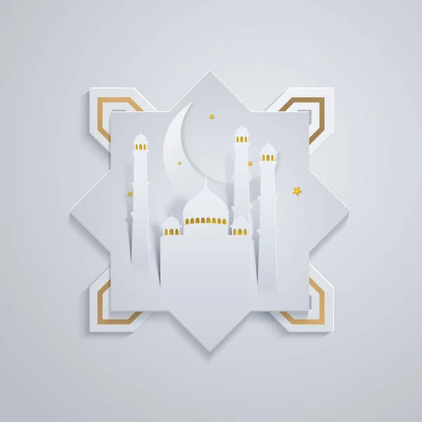 モスクのシルエット紙カットとグリーティングカードのためのイスラムベクトルデザイン — ストックベクタ