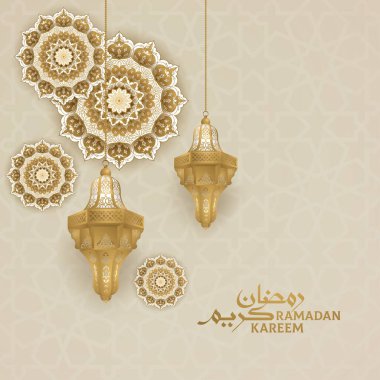 Ramazan Kareem tebrik kartı şablonu altın fener arkaplan tasarımlı Arapça hat şablonu