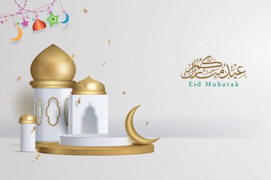 Kurban Bayramı Mübarek İslami dekorasyon arka planında hilal, altın podyum, Arapça fener caminin 3 boyutlu illüstrasyon vektörü