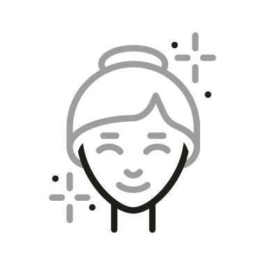 Temiz yüz, ikon. Kadın sağlıklı cilt ve doğrusal simge için ürünler uyguluyor..