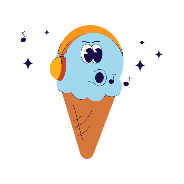 Ice Cream Cone Listens Music Groovy Retro Print Illustration Tee — Stock Vector