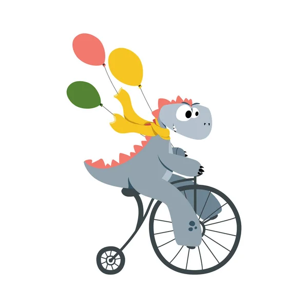 Aranyos Dinoszaurusz Kerékpárral Cirkuszi Bemutató Illusztráció Póló Grafikája — Stock Vector