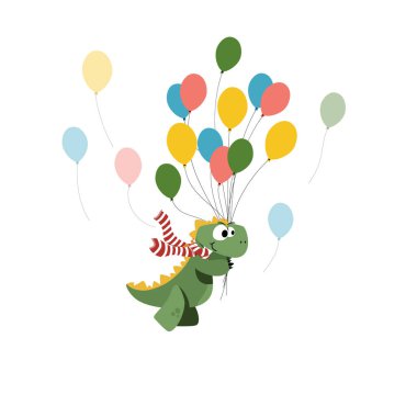 Sıcak hava balonuyla uçan sevimli dinozorlar moda eserleri, çocuk kitapları ve tişört baskıları için vektör illüstrasyonları. Sevimli el çizimi çocuksu dinozor karakterleri sıcak hava balonunda uçuyor..